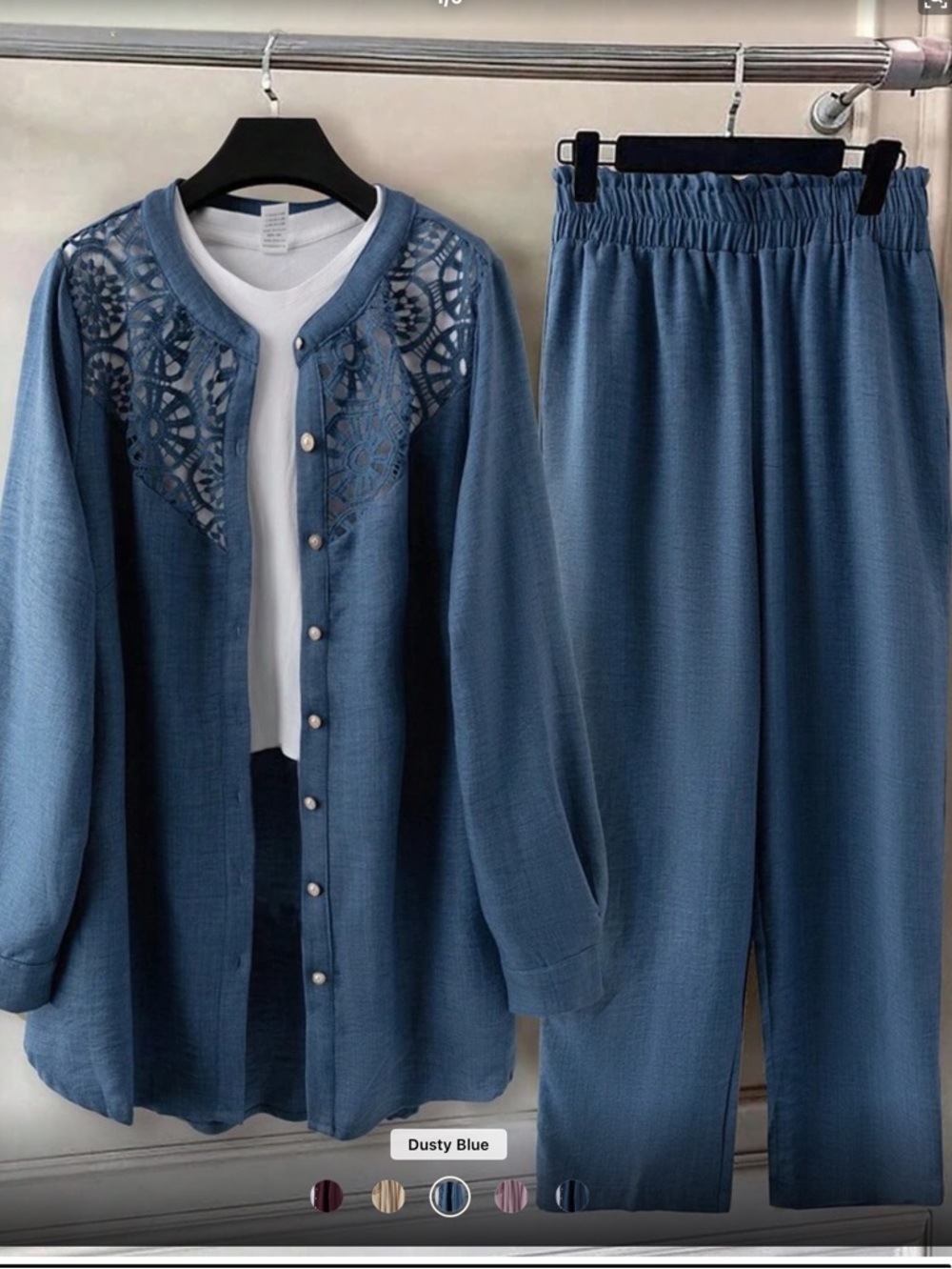 NWOT Dusty Blue 2 Piece Pant Set. Sz. 2XL. Top & wide Leg Bottom. Elastic Waist